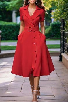 lapel button belt mid sleeve shirt dress 123665 Modesty Dress, Beautiful Casual Dresses, Red Dresses Classy, Stylish Work Attire, Celebrity Design, Dress Shirt Sleeves, Simple Trendy Outfits, Modest Fashion Outfits, Lovely Dresses