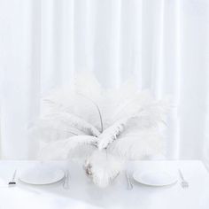 the table is set with white plates and silverware, which are adorned with feathers