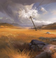 an artistic painting of a field with power lines in the distance and clouds above it