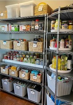 an organized pantry with baskets and bins