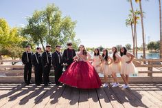 Red Quinceanera Damas, Damas For Quince, Red Quince Court, Quince Court Pictures, Hollywood Quince, Quinceanera Waltz, Quinceañera Planning, Quince Picture Ideas