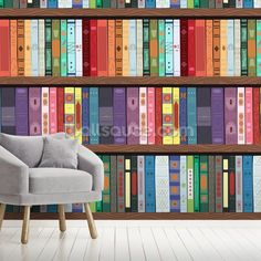 colorful bookshelves wallpaper mural in a living room