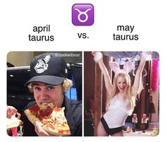 two pictures one with a woman and the other with a man eating pizza