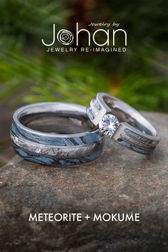 Meteorite and Mokume Wedding Rings Masc Lesbian Engagement Rings, Meteorite Ring Engagement, Wedding Rings For Men Unique, Space Wedding Ring, Unique Engagement Rings For Men, Native American Wedding Rings, Mokume Gane Ring Wedding, Lesbian Engagement Ring, Lesbian Wedding Rings