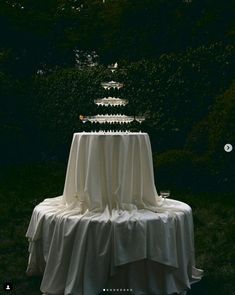 a table that has a cake on it in the middle of some grass and trees