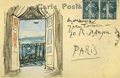 a drawing of an open window with the words paris written on it and in french