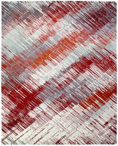 an abstract rug with red, white and grey stripes on the bottom half of it