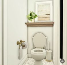 a white toilet sitting in a bathroom next to a wall with pictures on the walls