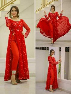 Kurti Dupatta Set, Red Gown Dress, Mirror Work Kurta, Kurti Dupatta, Red Kurti, Set Kurti, Gown Indian, Rayon Kurti, Kurti Pant