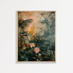 an image of a painting on the wall with flowers and palm trees in the background