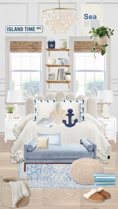 a bedroom with white furniture and blue rugs