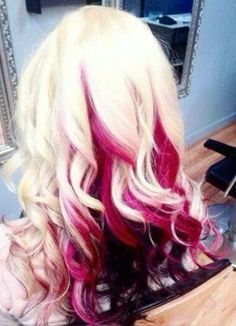 Chunky Pink Highlights In Blonde Hair, Platinum Blonde Hair With Hot Pink, Pink And Purple Streaks In Blonde Hair, Platinum Blonde Hair With Rainbow Highlights, Pink Hair Rainbow Highlights, Pink And Black Hair, Blonde Dye, Pinterest Hair, Pretty Hair Color