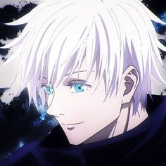 an anime character with blonde hair and blue eyes looking at something in the distance behind him