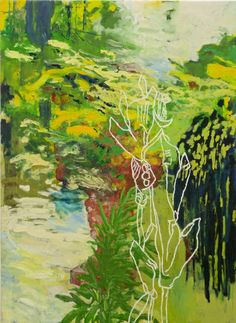 an abstract painting with white lines on green and yellow