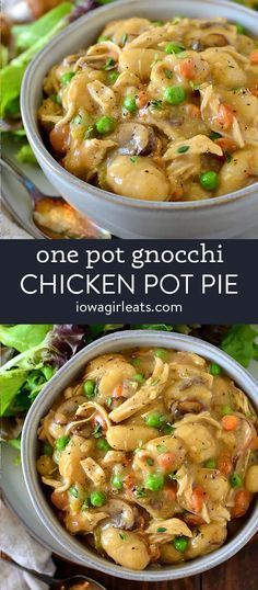 one pot gnocchini chicken pot pie with peas and carrots in it