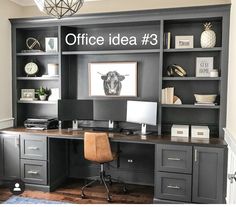 a home office with built in bookcases and desk