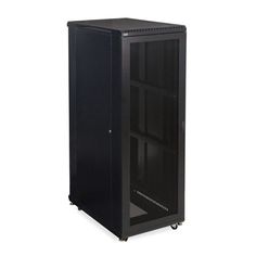 the server cabinet is black and has wheels on each side for easy access to storage