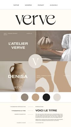 the website design for verve is shown in beige and black colors, with an image of a woman holding a vase