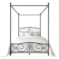 an iron bed frame with white sheets and pillows on the bottom, against a white background