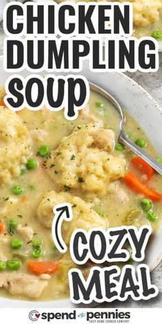 chicken dumpling soup in a white bowl with the words cozy meal on top and bottom