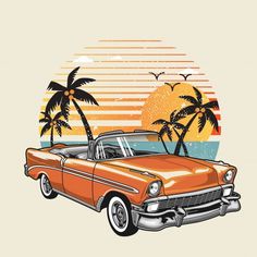 an orange classic car parked on the beach with palm trees and sunset in the background