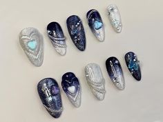 Pretty Dark Nails, Nail Blue Design, Blue Korean Nails, Blue Chrome Nails Designs, Blue Nails Art, Holographic Blue Nails, Midnight Nails, Blue Butterfly Nails, Nail Art Butterfly