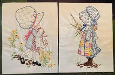 two embroidered pictures of women with umbrellas and sunflowers on white fabric, one in the process of being stitched