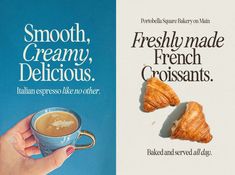 an advertisement for croissants and coffee is shown in two different colors, one with