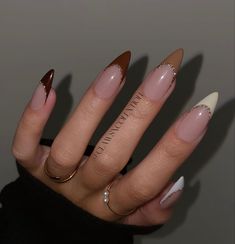 French Nails Autumn Style, Different Shades Of Brown Nails French Tip, Elegant Office Nails, Brown And Gold French Nails, Fall Ombre French Tip Nails, Fall White French Tip Nails, Birthday Nails For October, Almond Brown Nails Design, Flesh Colored Nails