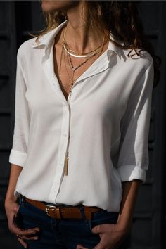 She Means Business Button Shirt Blouse – roschic Chiffon Blouses, Polo Blouse, The Office Shirts, Mode Casual, Elegant Shirt, Chiffon Shirt, Women Shirts Blouse, Chiffon Blouse, Outfit Casual