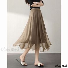 Olivia Mark - Chic Irregular Chiffon Midi Skirt with a Touch of Romance Chiffon Midi Skirt, Elegant Midi Skirt, Sleeveless Denim Dress, Long Bodycon Dress, Sleeveless Maxi Dress, Types Of Skirts, A Line Skirt, Long Skirt, A Line Skirts