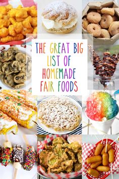 A collage of fair foods you can make at home. Homemade Frozen Food Ideas, Best Food To Sell At Festivals, Fair Food Dessert, Best Homemade Appetizers, Easy Festival Food, Street Food Appetizers, State Fair Theme Party Food, Homemade Fair Food