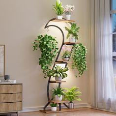 a corner shelf with potted plants on it