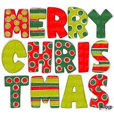 merry christmas lettering with green and red polka dots on the letters, in different colors