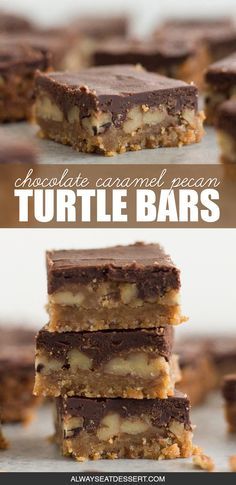 chocolate caramel pecan turtle bars stacked on top of each other with the text overlay