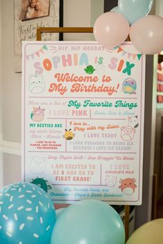 a birthday party sign with balloons in the background