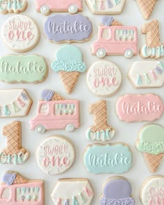 some cookies that are decorated to look like ice cream cones and cars with the words sweet one on them