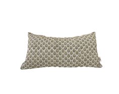 a rectangular pillow with an intricate pattern on it, in beige and green colors against a white background