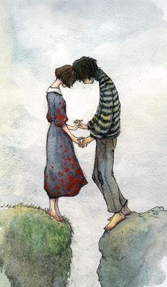 a man and woman standing on top of a cliff touching hands with each other in front of the sky