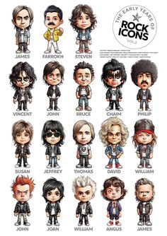 the many faces of rock stars in different styles and sizes, all with names on them