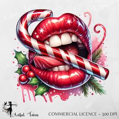 a candy cane sticking out of the mouth of a woman's lips with christmas decorations