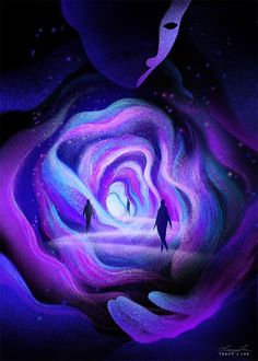 two people standing in the middle of a purple and blue vortex with stars on it