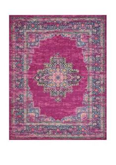 a pink area rug with an ornate design on the front and back side, in various colors