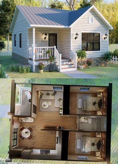 a small house that is in the middle of a yard with stairs leading up to it