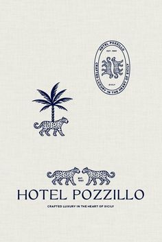 the hotel pozzillo logo is shown in blue on a white background with a palm tree and two cheetah