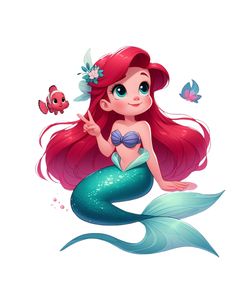 the little mermaid is sitting on top of her tail and pointing at something with her finger