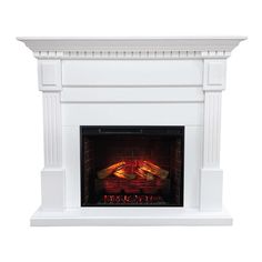 a white fireplace with an electric fire in it