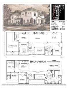 the first floor and second floor plan for a house with an attached garage, which is also