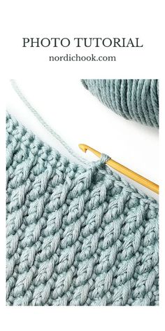 the crochet stitch is being worked on with a knitting needle and yarn ball