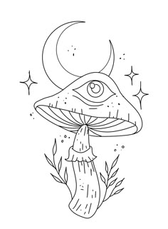 a mushroom with an all seeing eye on it's head and stars around it